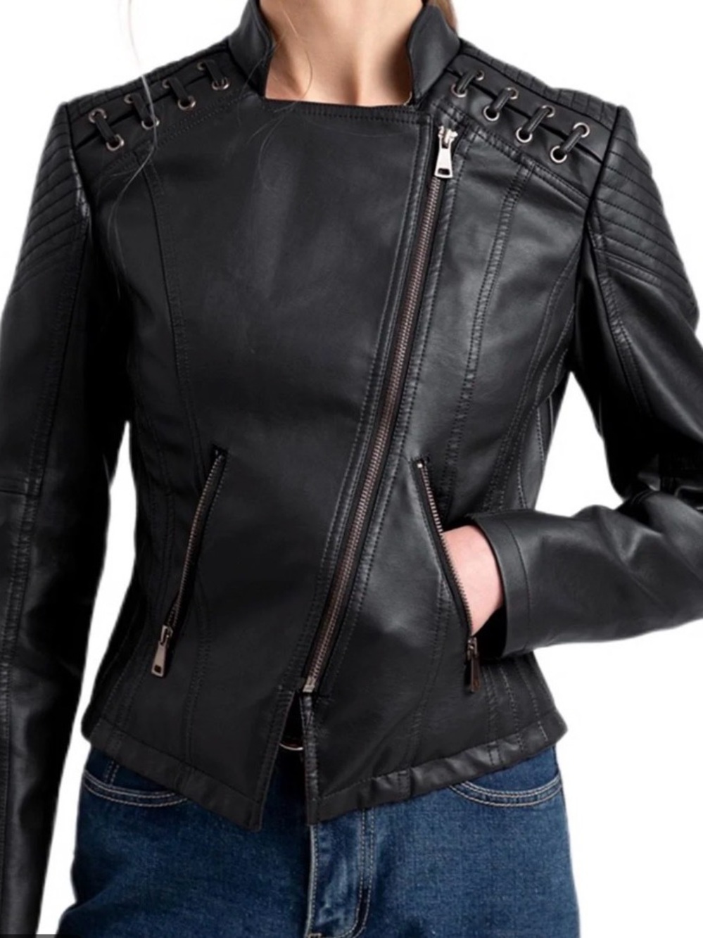 Never worn, brand new Black Faux Leather Moto Jacket - Women's Stylish Zip Front